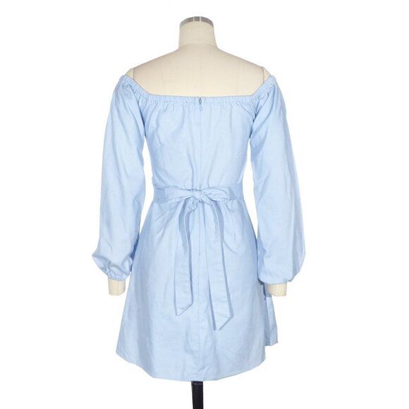 Lulus Pure Serenity Off-the-Shoulder Mini Dress Blue Sz Small Balloon Sleeves - Picture 5 of 13